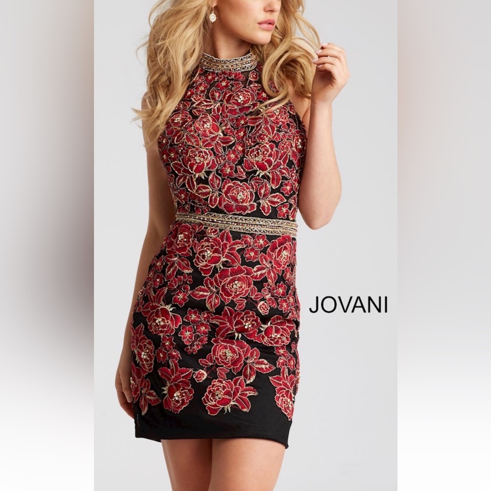 Jovani mini dress with Red Floral Embroidery and Beading. Sz 4
